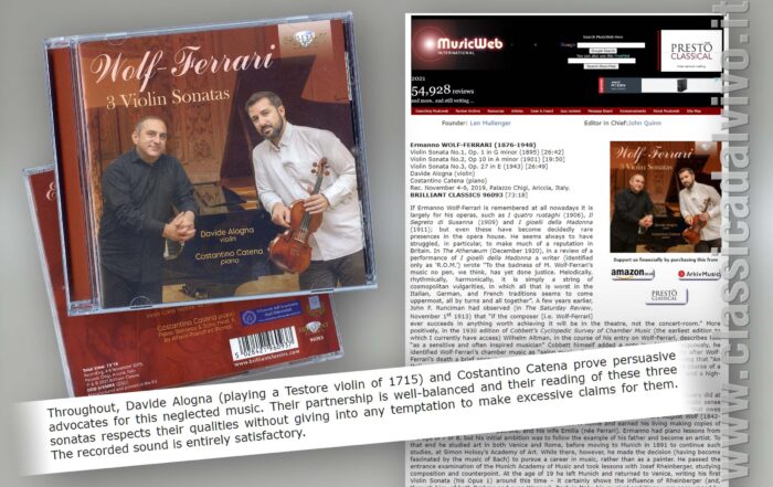 Davide Alogna, Costantino Catena. CD Brilliant: Ermanno Wolf-Ferrari, 3 violin sonatas